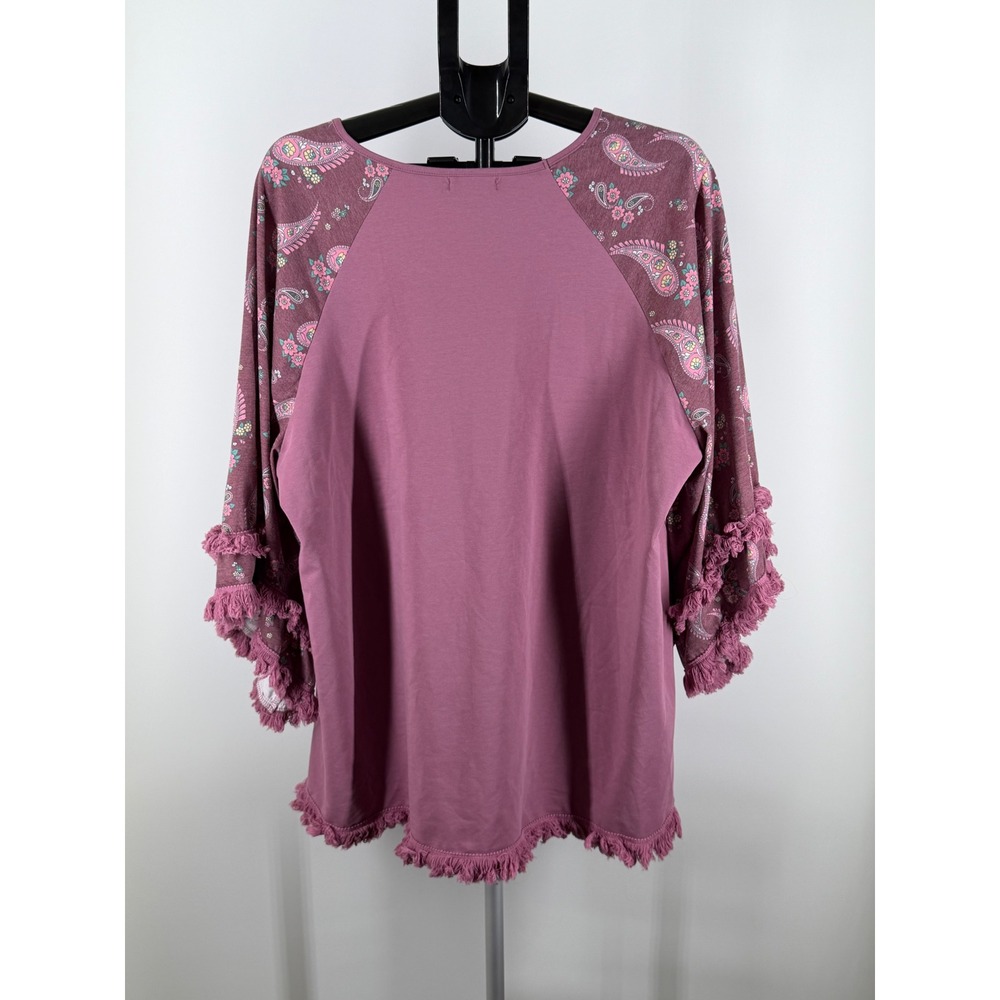 Southern Stitch Womens 3XL Purple Paisley Fringe Raglan Sleeve V-Neck Tunic Top - Picture 3 of 7